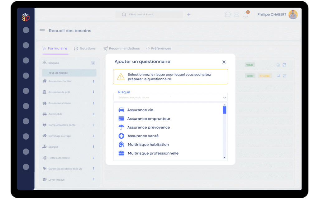 Interface de création de questionnaires pour le recueil des besoins clients, conforme ACPR