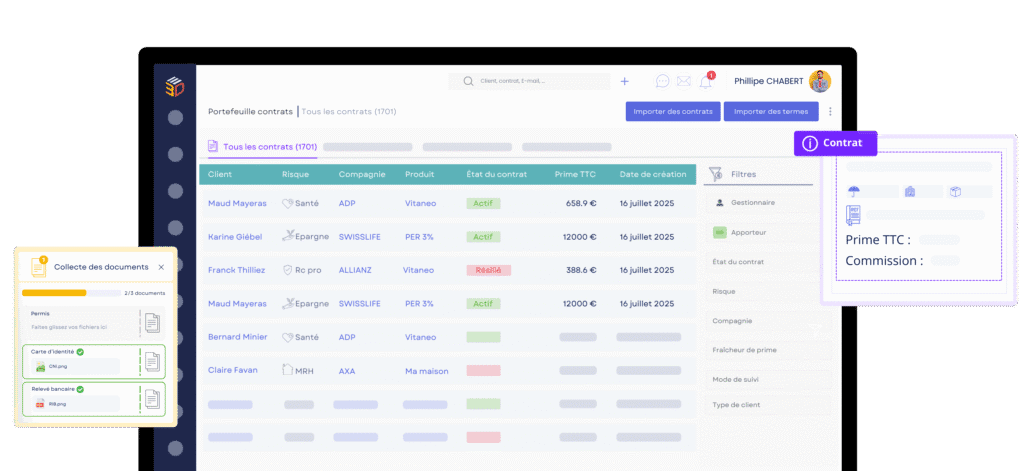 Interface du logiciel de gestion d’assurance ASSUR3D : vue portefeuille de contrats avec primes, filtres et collecte de documents