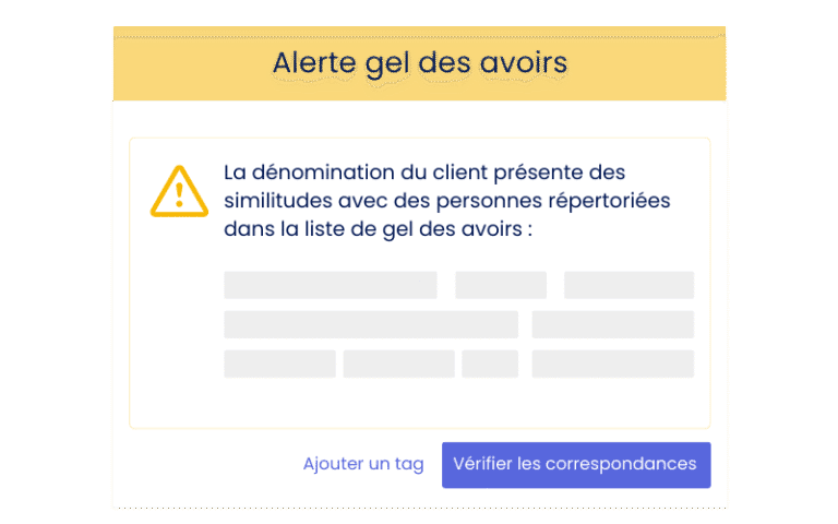 Alerte de conformité LCB-FT avec correspondance sur la liste de gel des avoirs