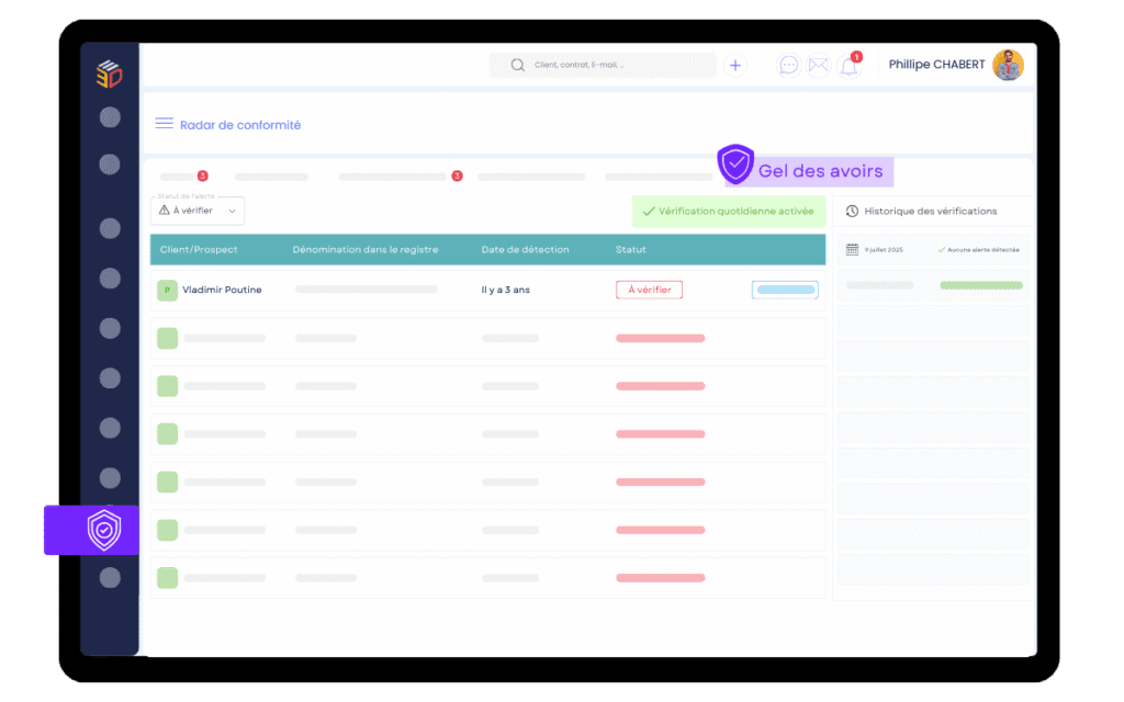 Tableau de suivi LCB-FT avec alerte gel des avoirs dans le logiciel ASSUR3D
