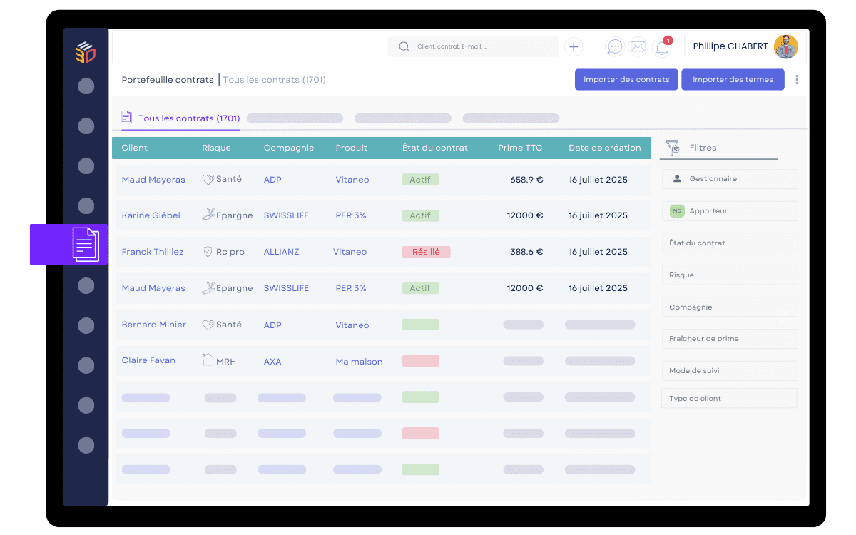 Suivi des contrats d’assurance santé avec visualisation des devis, tarifs et conversion en contrat