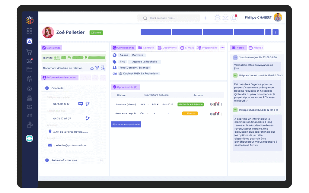 Capture d’écran du CRM ASSUR3D montrant les sections conformité, connaissance client, opportunités et messagerie pour courtiers en assurance
