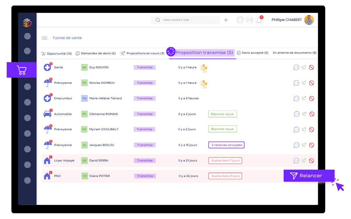 Tunnel de vente ASSUR3D pour courtier de proximité avec suivi des devis, relances et statuts