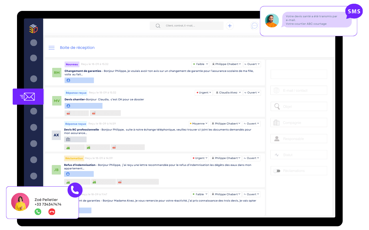 Boîte de réception centralisée multicanale avec e-mails, SMS et appels dans ASSUR3D