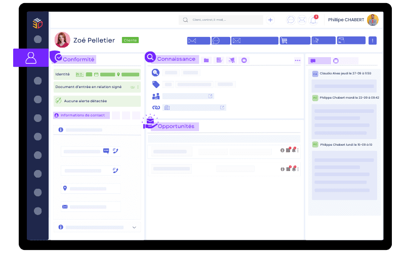 Capture d’écran du CRM ASSUR3D pour agents généraux, montrant la centralisation des données clients, contrats et documents pour le courtage accessoire