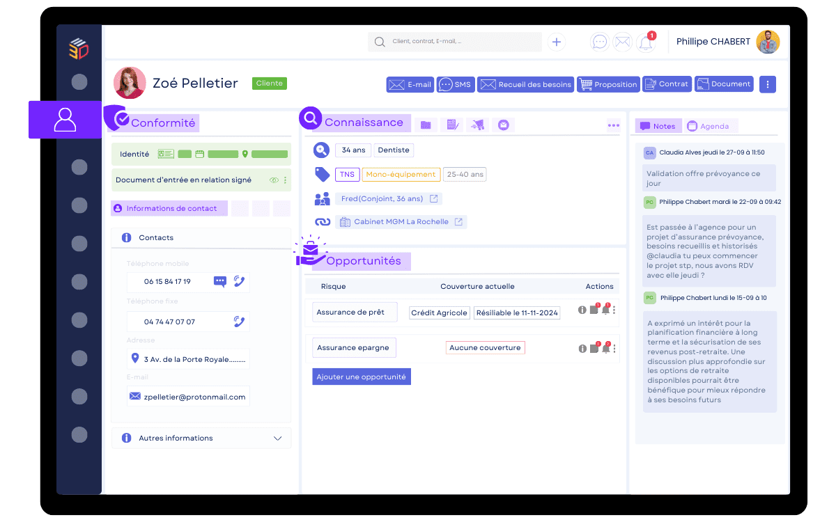 Interface CRM ASSUR3D affichant une fiche adhérent complète avec informations personnelles, opportunités, conformité et historique d’échange
