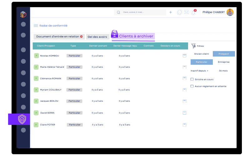 Capture d’écran du logiciel ASSUR3D pour agents généraux d’assurance, avec gestion de la conformité réglementaire incluant vérification d’identité, gel des avoirs et suivi des obligations