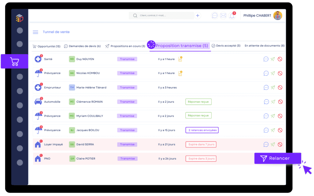 Interface du logiciel ASSUR3D pour les cabinets de courtage en assurance, affichant le tunnel de vente.