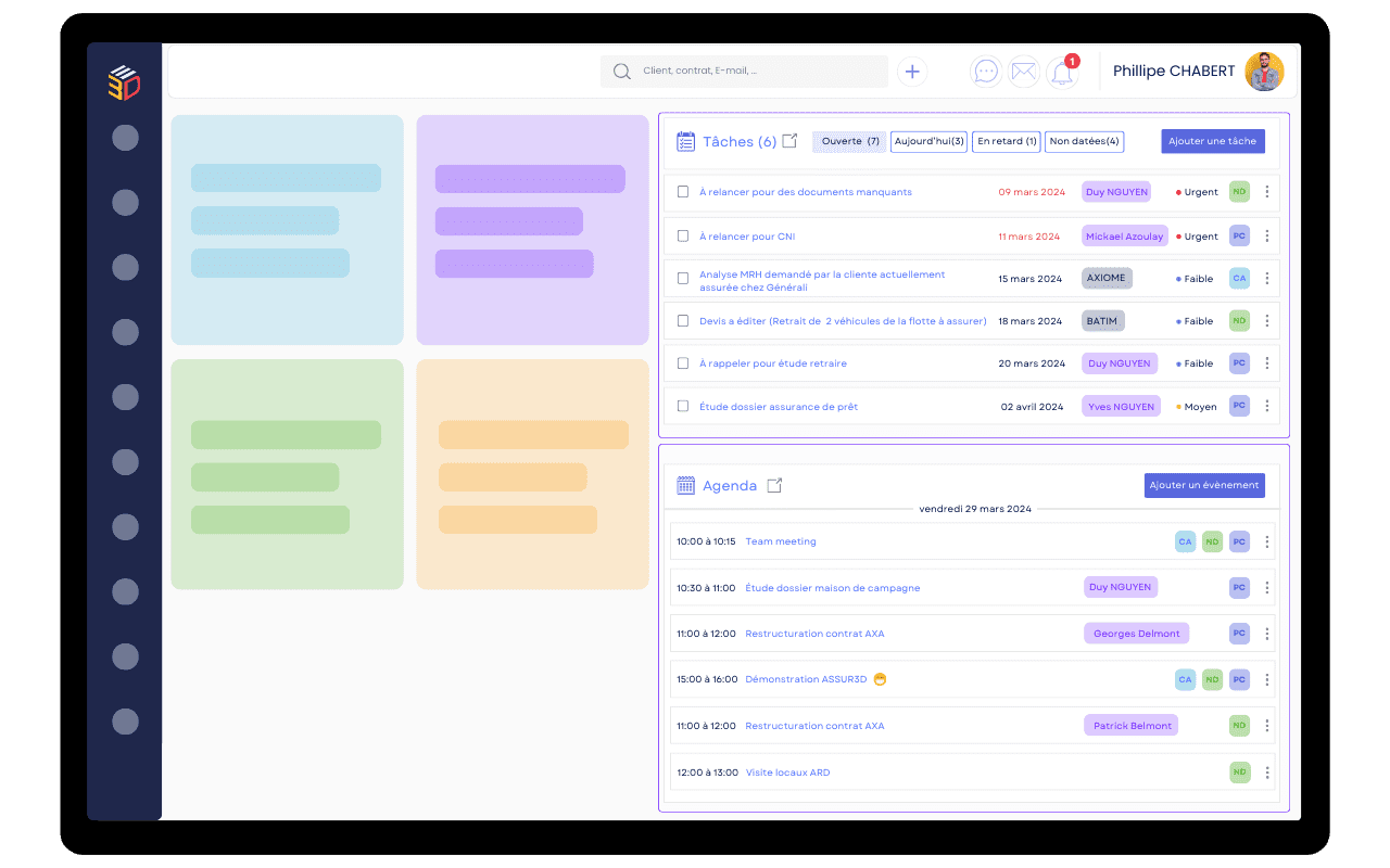 Interface d'organisation collaborative des tâches et agenda dans le logiciel ASSUR3D