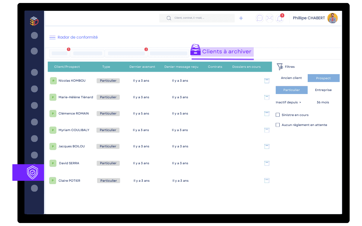 Interface du radar de conformité d’ASSUR3D affichant les clients à archiver et les critères d’inactivité, pour aider les mutuelles à rester conformes