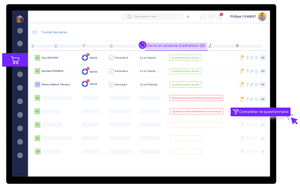 Interface du CRM ASSUR3D affichant un tunnel de vente avec le suivi des devis et des questionnaires d’adhésion pour une mutuelle santé