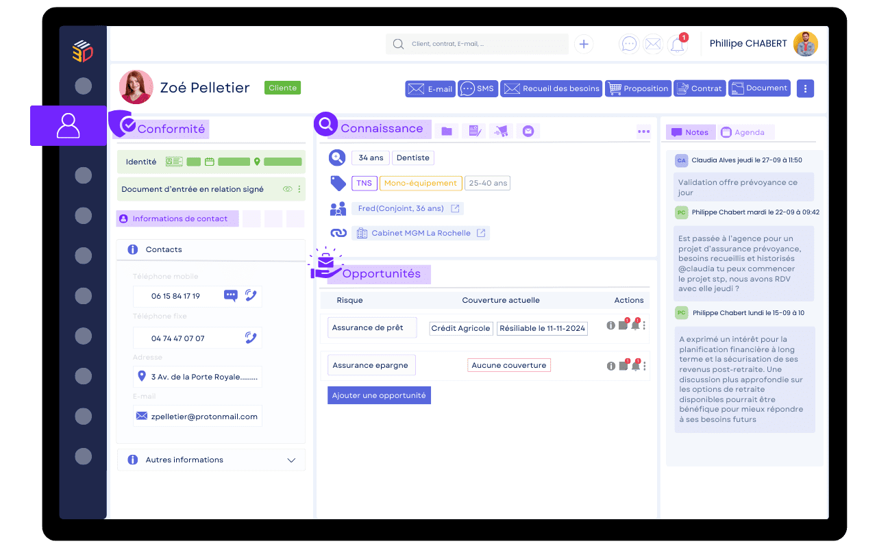 Vue complète d’un assuré dans le CRM ASSUR3D : informations de contact, profil, historique et opportunités