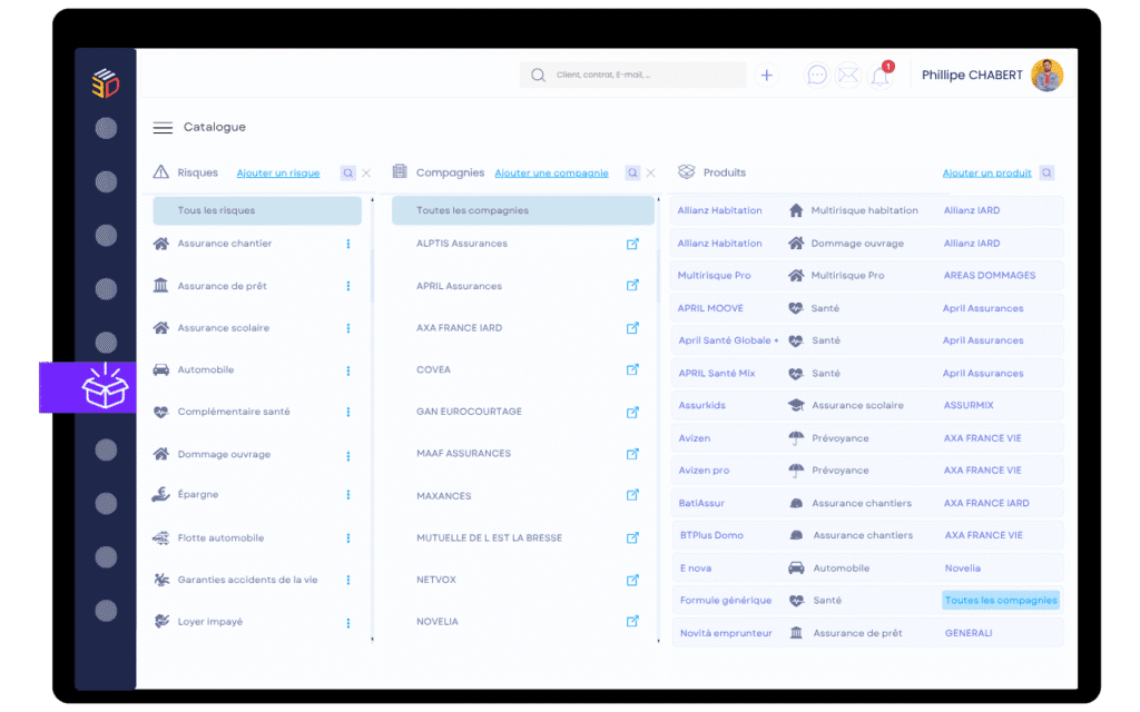 Interface du CRM courtier ASSUR3D affichant la centralisation des produits, risques et compagnies partenaires