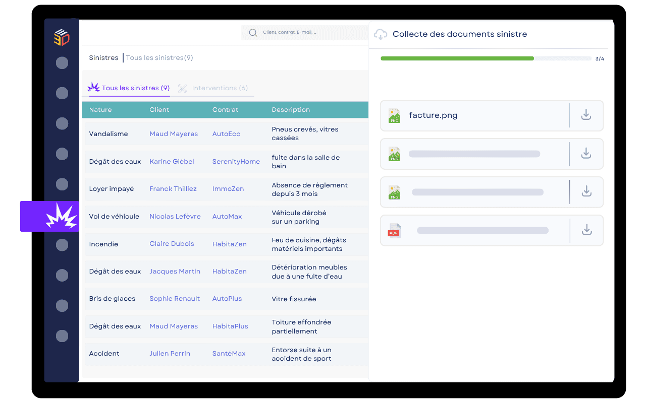 Interface ASSUR3D affichant la collecte et le suivi des documents sinistre
