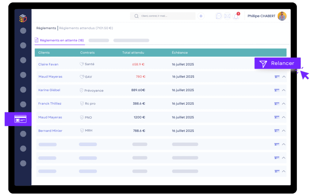 Tableau de suivi des règlements confiés avec option de relance automatique – ASSUR3D