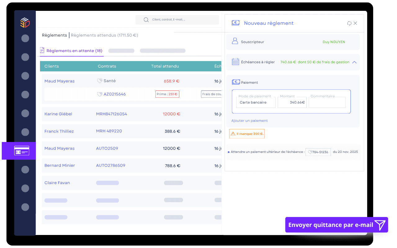Interface ASSUR3D montrant l’édition et l’envoi par e-mail d’une quittance client