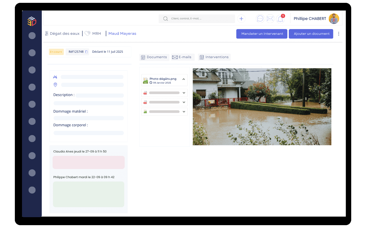 Fiche 360 ASSUR3D affichant le détail d’un dossier sinistre avec documents et échanges