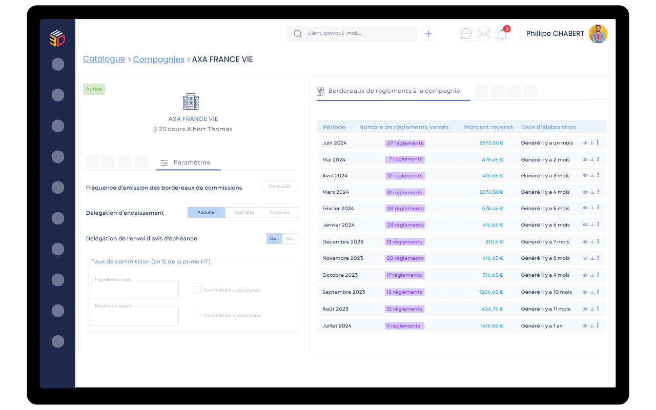 Interface ASSUR3D affichant les règles d’encaissement paramétrées par compagnie