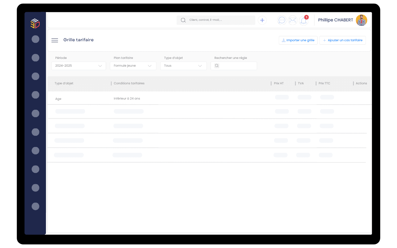 Vue du CRM ASSUR3D affichant une grille tarifaire paramétrable selon l’âge, le plan tarifaire et le type d’objet assuré
