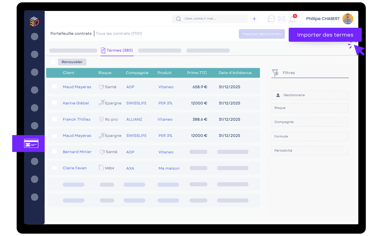 Interface ASSUR3D montrant l’import automatique des termes de contrats avec filtres dynamiques