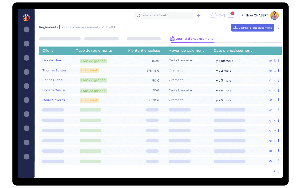 Vue du journal d'encaissement dans ASSUR3D pour suivre la trésorerie et les paiements enregistrés