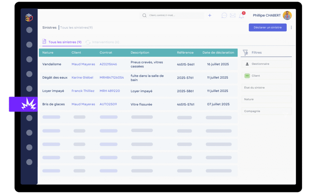 Interface du logiciel de gestion des sinistres ASSUR3D pour courtiers en assurance