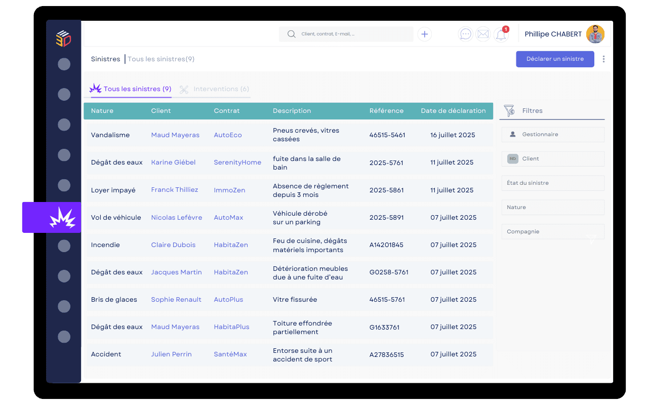 Interface ASSUR3D illustrant la solution métier de gestion des sinistres pour courtiers en assurance