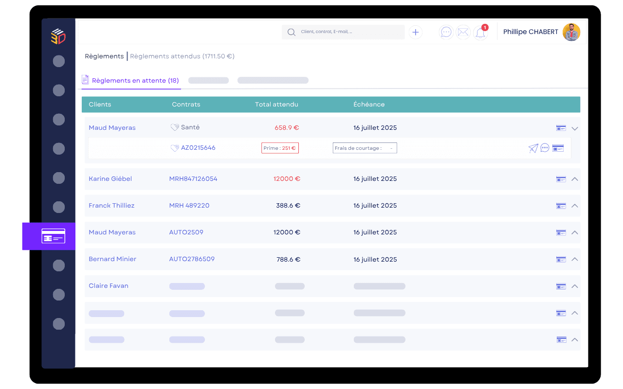 Interface ASSUR3D affichant les règlements en attente, montants et relances client