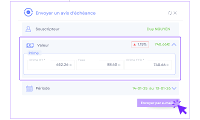 Envoyez vos avis de renouvellement directement depuis ASSUR3D Interface ASSUR3D pour envoyer un avis d’échéance automatique à un client