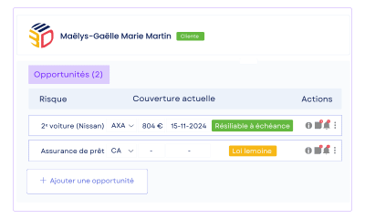 Identifiez les contrats en portefeuille ou à résilier pour générer des opportunités Interface de création d’opportunités dans le CRM courtier ASSUR3D