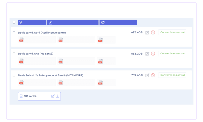 Comparer les devis et convertir en contrat facilement avec l’assistant commercial intégré Interface d’assistance commerciale pour la gestion des devis dans le CRM courtier ASSUR3D
